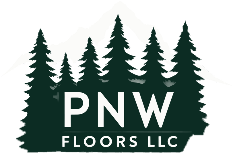 PNW Floors LLC logo: pine trees in front of a snow-capped mountain